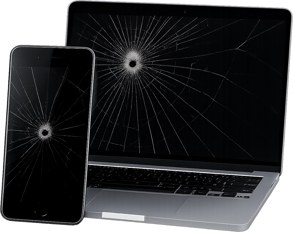 Phone and laptop with cracked screens