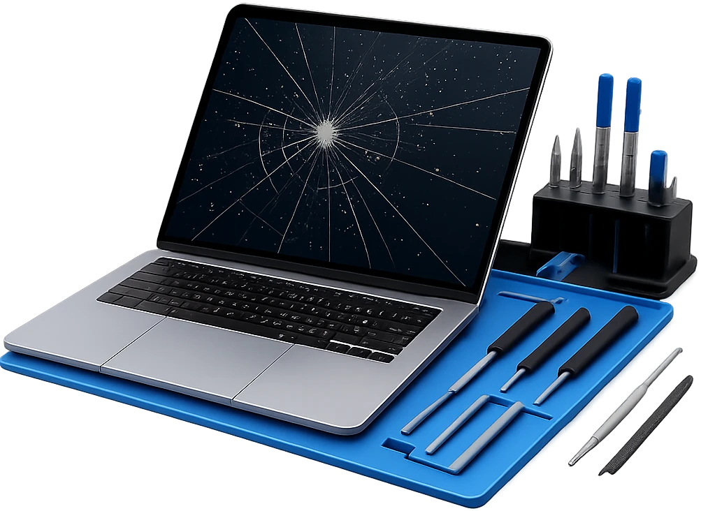 laptop with cracked screen on repair station