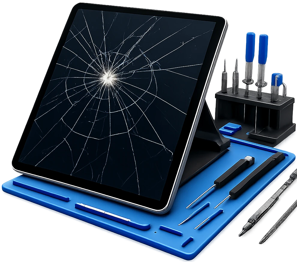 Tablet with cracked screen on repair station